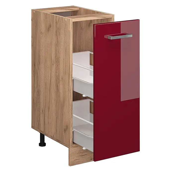 Vicco Schrankküche R-Line Rot Hochglanz, AP Eiche - Rot Hochglanz, Apothekerunterschrank 30 cm, AP Eiche - Küchenunterschrank in Holzoptik mit glänzender roter Tür und weißen Auszugskörben.