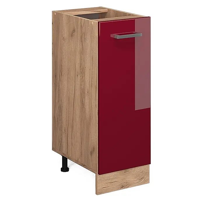 Vicco Schrankküche R-Line Rot Hochglanz ohne Arbeitsplatte - Rot Hochglanz, Apothekerunterschrank 30 cm - Küchenunterschrank mit Eiche-Korpus, hochglänzender roter Tür, silbernem Griff, schwarzem Standfuß und passendem Sockel.