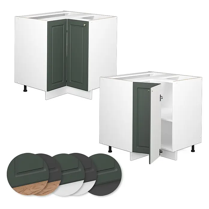Vicco Schrankküche Fame-Line Grün-Gold Landhaus, AP Eiche - Grün-Gold Landhaus, Eckunterschrank, AP Eiche - Zwei weiße Eckunterschränke mit dunkelgrünen Türen, einer offen mit sichtbarem Regal.