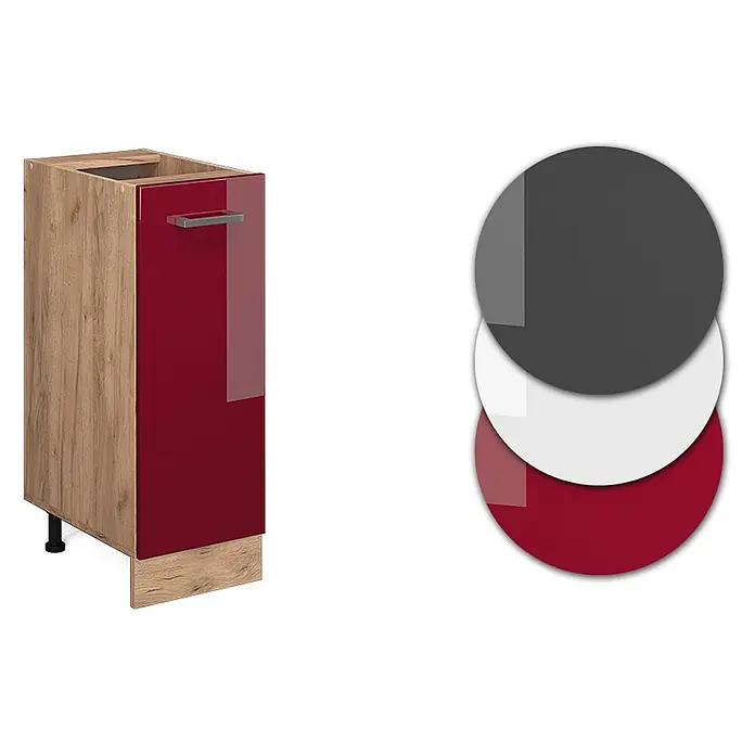 Vicco Schrankküche R-Line Rot Hochglanz, AP Eiche - Rot Hochglanz, Apothekerunterschrank 30 cm, AP Eiche - Küchenunterschrank mit Holzoptik-Seite und hochglänzender roter Tür, mit Farbmustern in Dunkelgrau, Weiß und Rot.