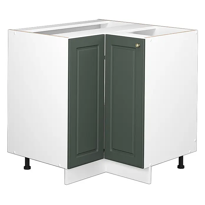 Vicco Schrankküche Fame-Line Grün-Gold Landhaus ohne Arbeitsplatte - Grün-Gold Landhaus, Eckunterschrank - Weißer Küchen-Eckunterschrank mit dunkelgrünen Türen, Messingknopf und schwarzen Stellfüßen.