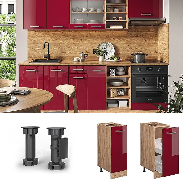 Vicco Schrankküche R-Line Rot Hochglanz, AP Eiche - Rot Hochglanz, Apothekerunterschrank 30 cm, AP Eiche - Moderne Küche mit hochglänzenden roten Schränken, Holz-Arbeitsplatten und Einbaugeräten. Verstellbare Beine und Auszugsschränke gezeigt.
