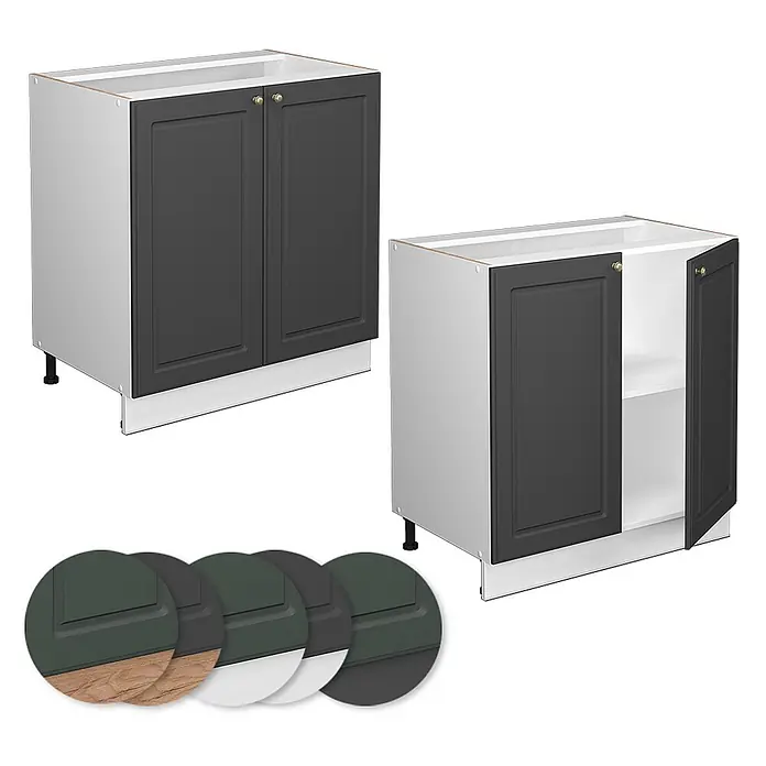 Vicco Schrankküche Fame-Line Anthrazit-Gold mit Regal, AP Eiche - Anthrazit-Gold, Unterschrank 80 cm, AP Eiche - Dunkelgrauer Küchenunterschrank mit weißem Korpus, Sockel und Innenablage.