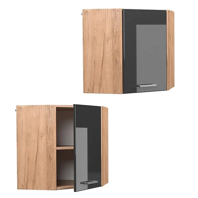 Vicco Schrankküche R-Line Anthrazit Hochglanz - Breite: 57 cm, Anthrazit Hochglanz, Eckhängeschrank 57 cm - Eck-Hängeschrank in Holzoptik mit glänzender dunkelgrauer Tür und silbernem Griff, geschlossen und offen mit Einlegeböden.