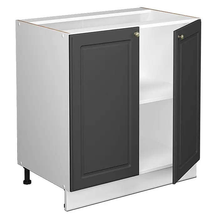 Vicco Schrankküche Fame-Line Anthrazit-Gold mit Regal, AP Eiche - Anthrazit-Gold, Unterschrank 80 cm, AP Eiche - Weißer Küchenunterschrank mit zwei dunkelgrauen Türen, goldenen Griffen und verstellbarem Einlegeboden, auf schwarzen Füßen.