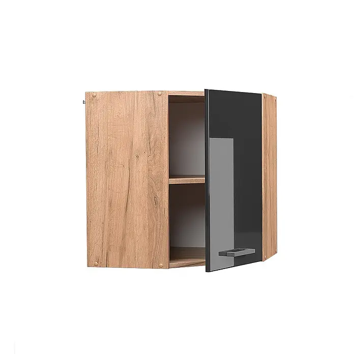 Vicco Schrankküche R-Line Anthrazit Hochglanz - Breite: 57 cm, Anthrazit Hochglanz, Eckhängeschrank 57 cm - Wandschrank aus Holz mit schwarzer Hochglanztür, teilweise geöffnet, die ein Innenregal zeigt.