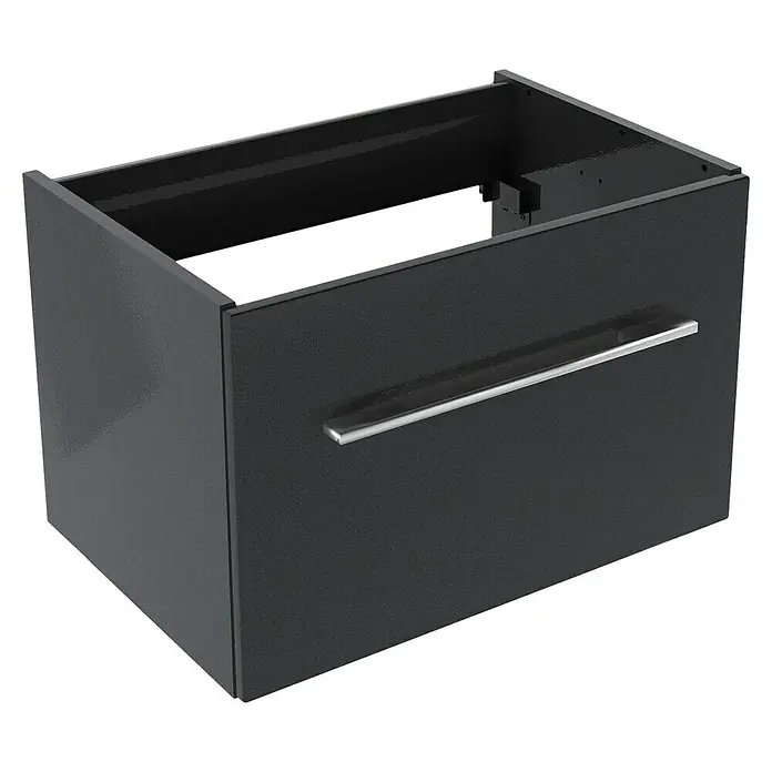 Badmöbel-Set G61G11 - Gesamtbreite Badmöbel: 60 cm, Grafit, Hochglänzend, 3 -tlg. - Schwarzer Badezimmerschrank mit Schublade und silbernem Griff. Moderner Stil für jedes Badezimmer.