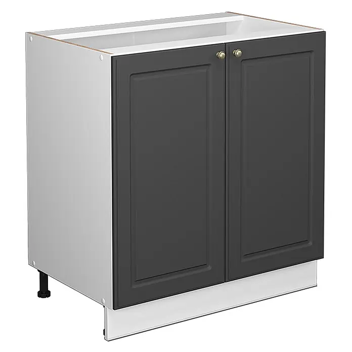 Vicco Schrankküche Fame-Line Anthrazit-Gold mit Regal, ohne Arbeitsplatte - Anthrazit-Gold, Unterschrank 80 cm - Küchenunterschrank mit zwei dunkelgrauen Türen, Messingknöpfen, weißem Korpus und weißer Sockelleiste. Schwarze Verstellfüße sind sichtbar.