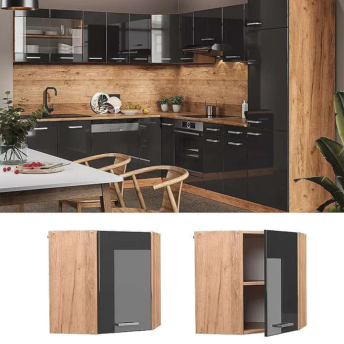 Vicco Schrankküche R-Line Anthrazit Hochglanz - Breite: 57 cm, Anthrazit Hochglanz, Eckhängeschrank 57 cm - Moderne Hochglanz-Küchenschränke in Schwarz mit Holzoptik-Akzenten, inklusive Hängeschrank mit schwarzer Tür und Holzseite.