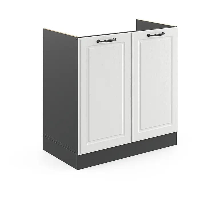 Vicco Schrankküche R-Line Weiß Landhaus ohne Arbeitsplatte - Weiß Landhaus, Spülenunterschrank 80 cm - Weißer Unterschrank mit zwei Türen, dunklem Korpus und Sockel sowie schwarzen Griffen.