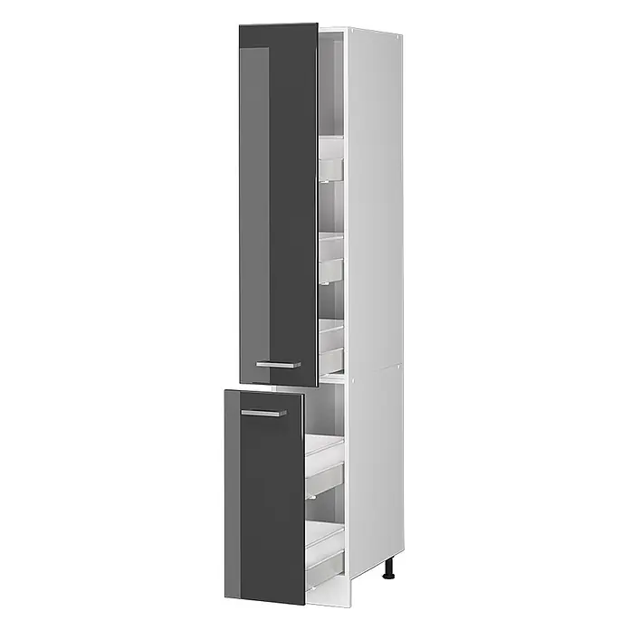 Vicco Schrankküche R-Line Anthrazit Hochglanz - Anthrazit Hochglanz, Apothekerhochschrank 30 cm - Hoher Küchenschrank mit hellgrauem Korpus, glänzenden dunkelgrauen Türen, silbernen Griffen und ausziehbaren Schubladen.