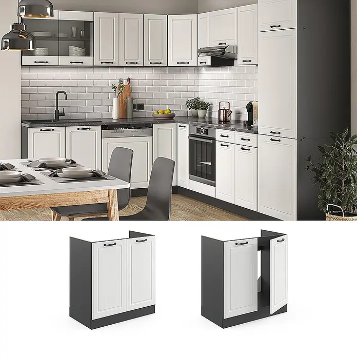 Vicco Schrankküche R-Line Weiß Landhaus ohne Arbeitsplatte - Weiß Landhaus, Spülenunterschrank 80 cm - Weißer Küchenunterschrank mit dunkelgrauem Rahmen und schwarzen Griffen, geschlossen und geöffnet, in einer modernen Küche.