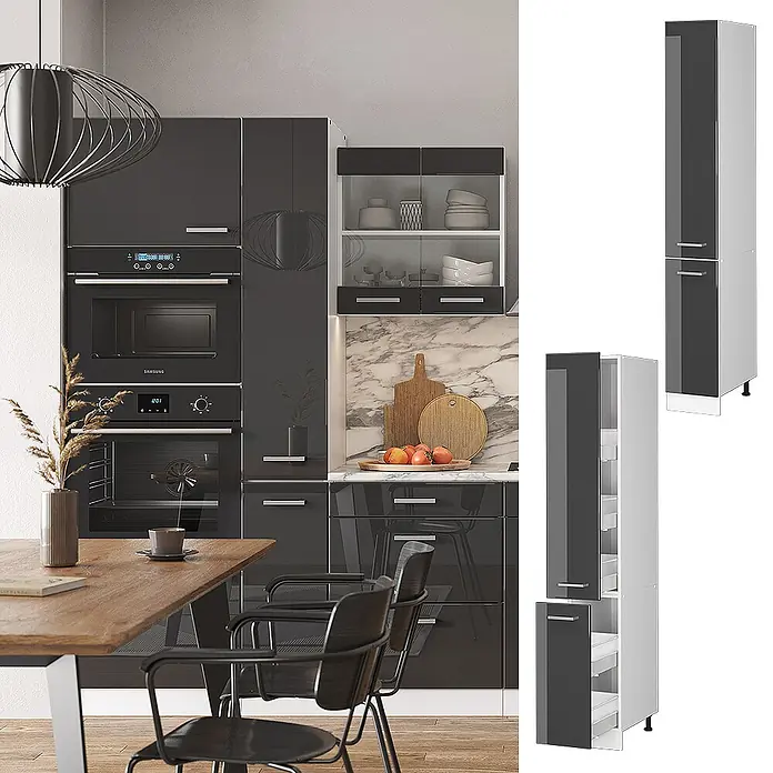 Vicco Schrankküche R-Line Anthrazit Hochglanz - Anthrazit Hochglanz, Apothekerhochschrank 30 cm - Dunkelgraue Hochglanz-Küchenschränke mit integrierten Geräten und passendem Hochschrank.