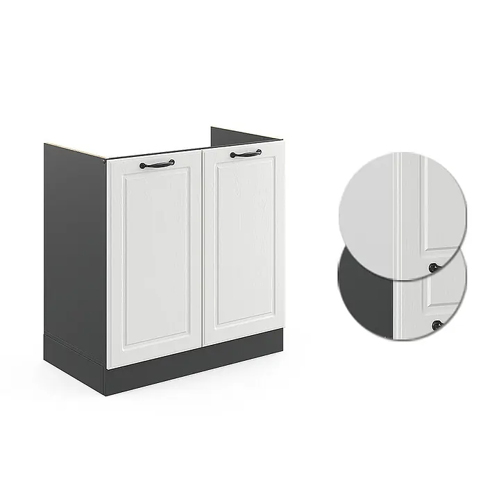 Vicco Schrankküche R-Line Weiß Landhaus ohne Arbeitsplatte - Weiß Landhaus, Spülenunterschrank 80 cm - Dunkelgrauer Unterschrank mit zwei cremeweißen Kassettentüren, schwarzen Griffen und dunklem Sockel.