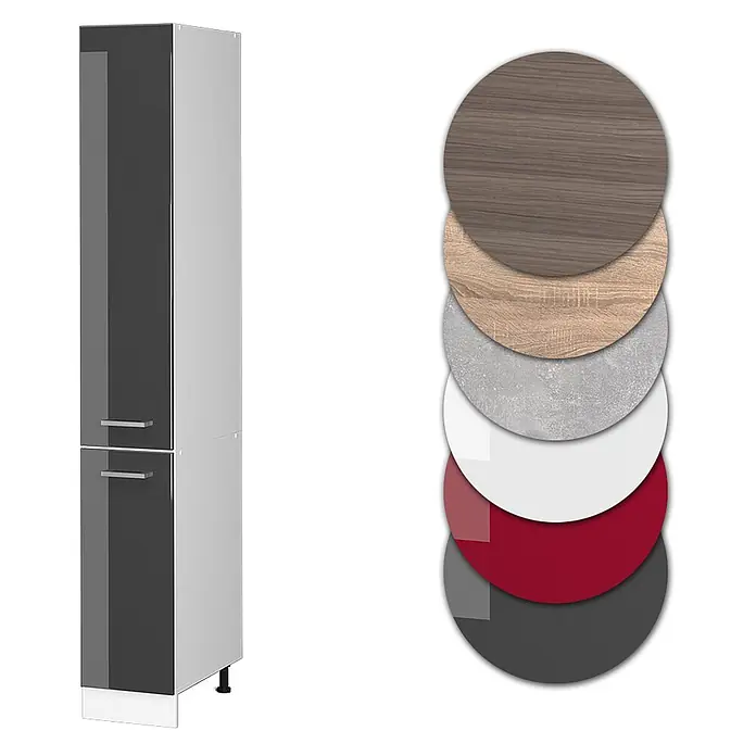 Vicco Schrankküche R-Line Anthrazit Hochglanz - Anthrazit Hochglanz, Apothekerhochschrank 30 cm - Hoher, glänzender grauer Schrank mit hellgrauen Seiten, dazu Materialmuster in Holz, Beton, Weiß, Rot und Dunkelgrau.
