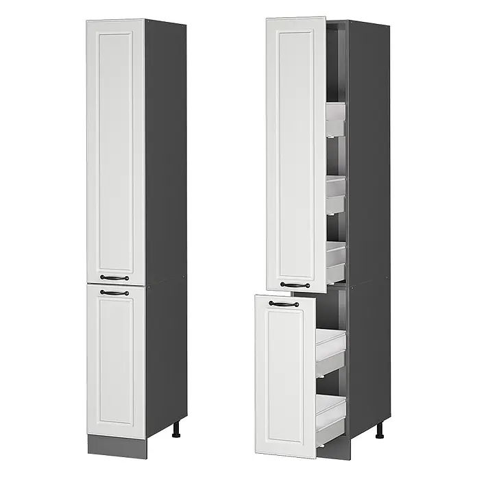 Vicco Schrankküche R-Line Weiß Landhaus - Weiß Landhaus, Apothekerhochschrank 30 cm - Weißer hoher Küchenschrank mit dunkelgrauen Seiten, geschlossen und offen mit ausziehbaren Schubladen.
