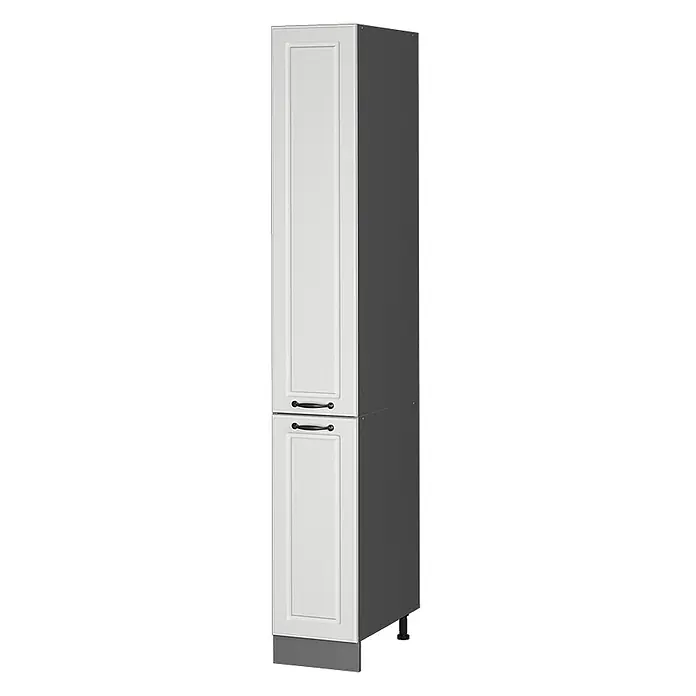 Vicco Schrankküche R-Line Weiß Landhaus - Weiß Landhaus, Apothekerhochschrank 30 cm - Hoher Küchenschrank mit zwei weißen Paneeltüren, schwarzen Griffen, dunkelgrauem Seitenteil, Sockelleiste und verstellbaren Füßen.