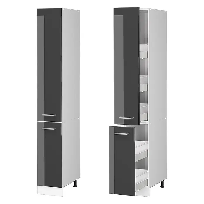 Vicco Schrankküche R-Line Anthrazit Hochglanz - Anthrazit Hochglanz, Apothekerhochschrank 30 cm - Hoher Küchenschrank mit dunkelgrauen Hochglanztüren und internen Schubladen für Stauraum.