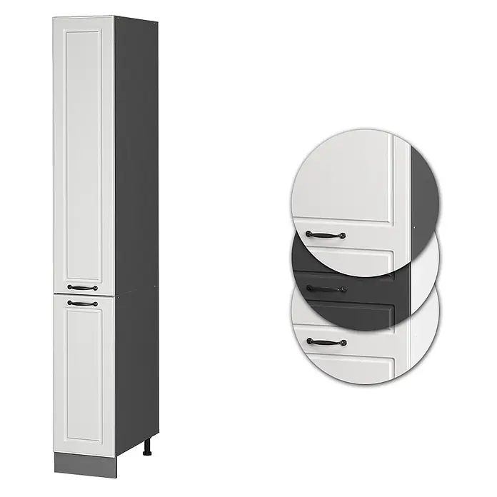 Vicco Schrankküche R-Line Weiß Landhaus - Weiß Landhaus, Apothekerhochschrank 30 cm - Hoher weiß-dunkelgrauer Küchenschrank mit Kassettentüren und schwarzen Griffen. Runder Einsatz zeigt weiße und dunkelgraue Türvarianten.