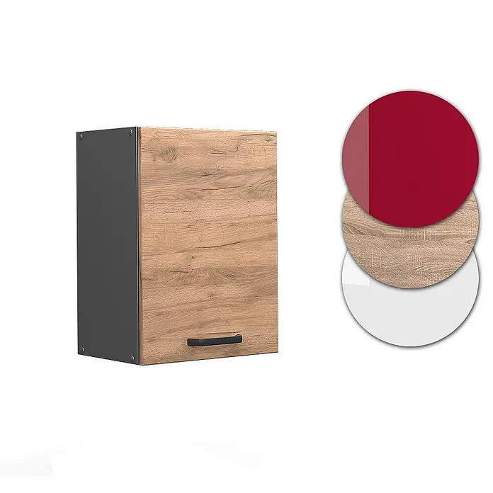 Vicco Schrankküche R-Line Goldkraft Eiche - Goldkraft Eiche, Hängeschrank 45 cm - Hängeschrank mit heller Holztür, dunkelgrauem Korpus und schwarzem Griff. Muster zeigen rote, Holz- und weiße Oberflächen.