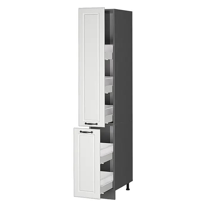 Vicco Schrankküche R-Line Weiß Landhaus - Weiß Landhaus, Apothekerhochschrank 30 cm - Hoher, dunkelgrauer Küchenschrank mit zwei weißen Türen, beide angelehnt, zeigen ausziehbare Schubladen und schwarze Griffe.
