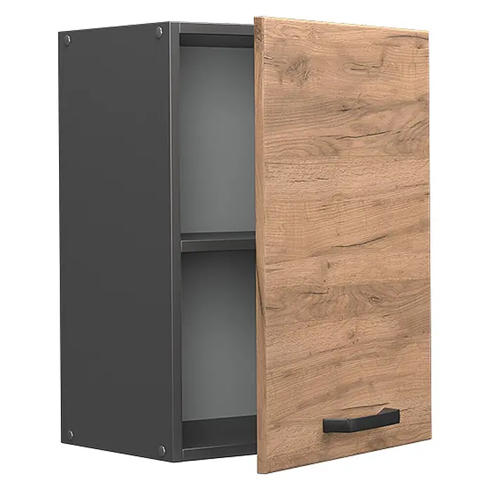 Vicco Schrankküche R-Line Goldkraft Eiche - Goldkraft Eiche, Hängeschrank 45 cm - Moderner dunkelgrauer Schrank mit offener Holztür und schwarzem Griff, mit einer Innenablage.