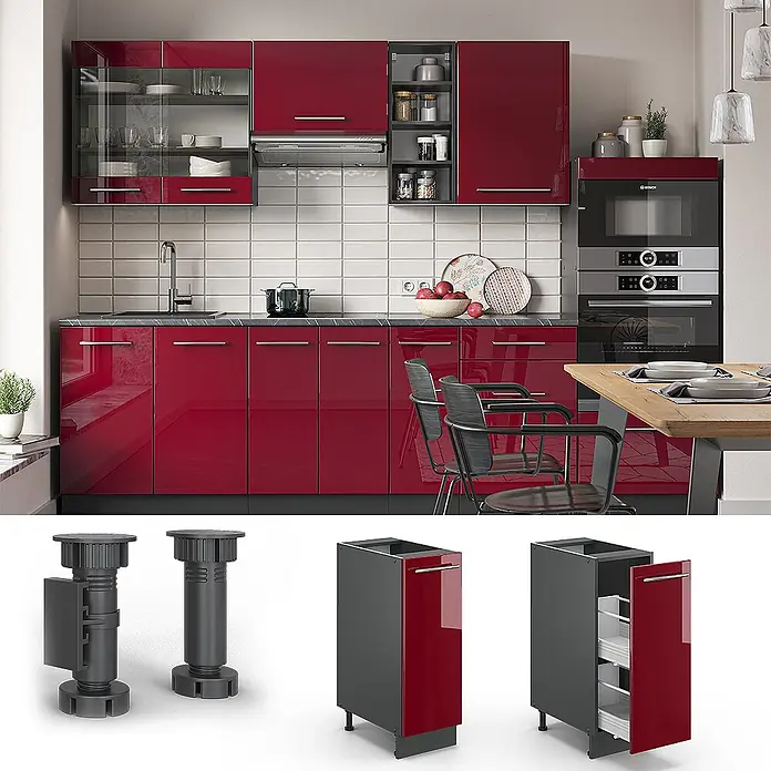 Vicco Schrankküche Fame-Line Bordeaux Hochglanz, AP Anthrazit - Bordeaux Hochglanz, Apothekerunterschrank 30 cm, AP Anthrazit - Moderne Küche mit hochglänzenden roten Schränken, integrierten Geräten und Auszugsschränken, inkl. verstellbarer Füße.