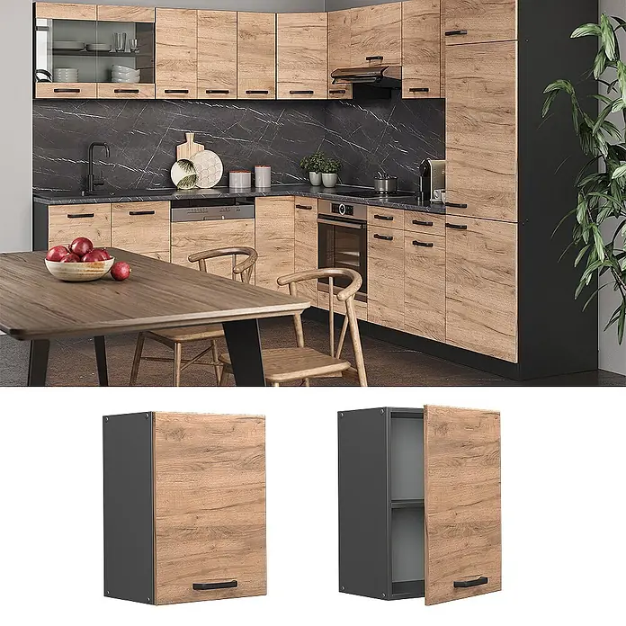 Vicco Schrankküche R-Line Goldkraft Eiche - Goldkraft Eiche, Hängeschrank 45 cm - Wandküchenschrank mit heller Eichenoptik-Tür und schwarzem Griff, mit dunkelgrauen Seiten und Innenregalen.