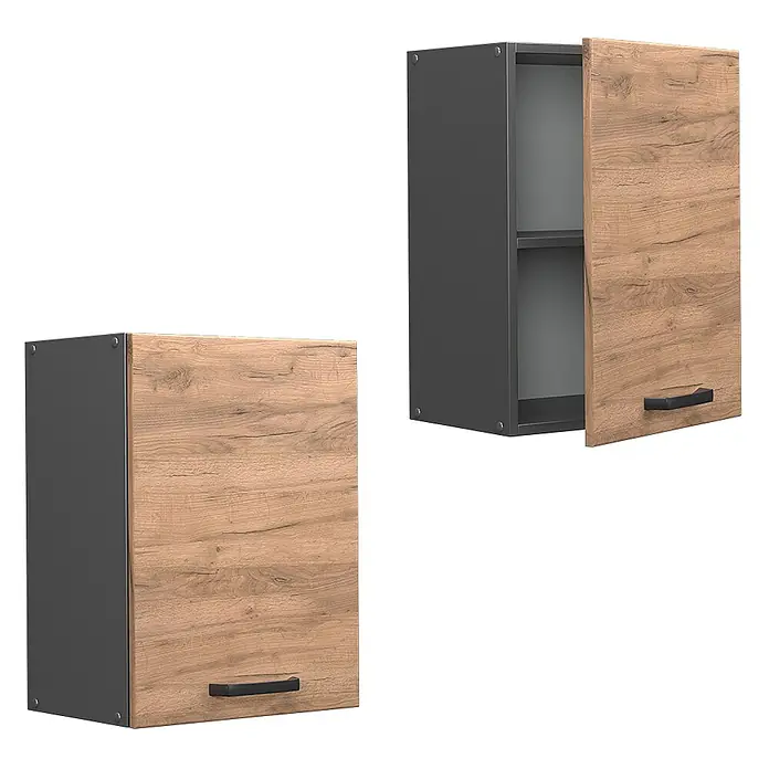 Vicco Schrankküche R-Line Goldkraft Eiche - Goldkraft Eiche, Hängeschrank 45 cm - Zwei Hängeschränke mit dunkelgrauem Korpus und hellbraunen Holzoptiktüren. Einer ist geschlossen, der andere offen mit einem Regal.