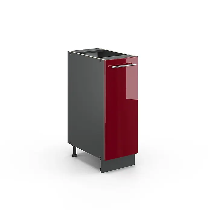 Vicco Schrankküche Fame-Line Bordeaux Hochglanz ohne Arbeitsplatte - Bordeaux Hochglanz, Apothekerunterschrank 30 cm - Dunkelgrauer Küchenunterschrank mit glänzend roter Tür, silbernem Griff und verstellbaren Füßen.