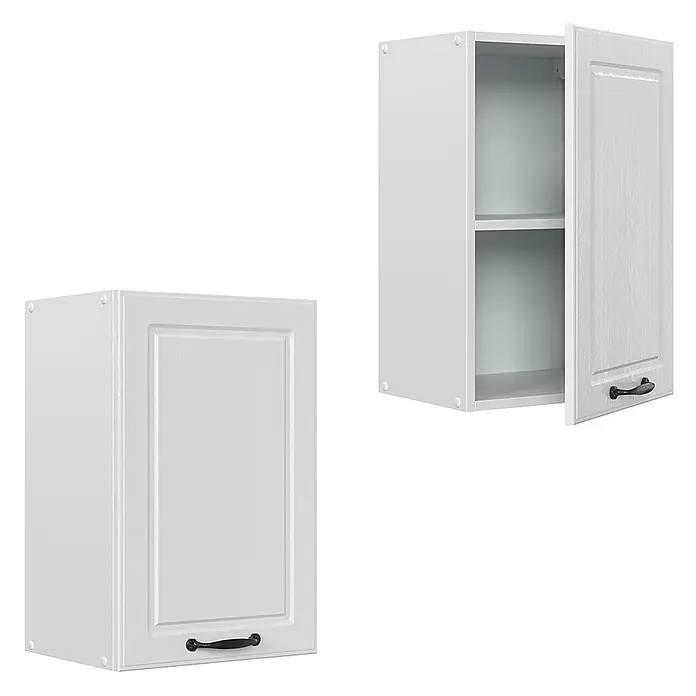 Vicco Schrankküche R-Line Weiß Landhaus - Weiß Landhaus, Hängeschrank 40 cm - Set aus zwei weißen Küchenhängeschränken mit schwarzen Griffen; einer geschlossen, einer offen mit Einlegeboden.