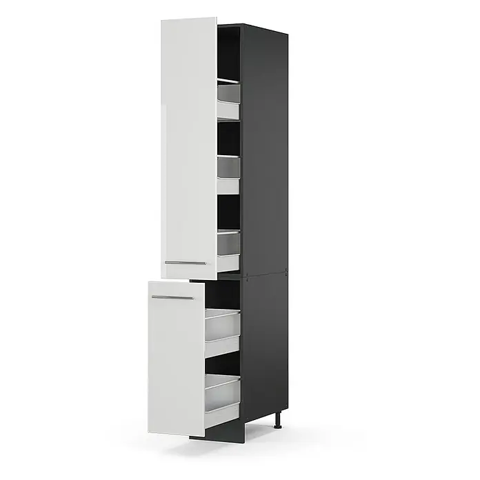 Vicco Schrankküche Fame-Line Weiß Hochglanz - Weiß Hochglanz, Apothekerhochschrank 30 cm - Hoher schwarzer Vorratsschrank mit weißen Türen, die Auszugsschubladen zeigen.