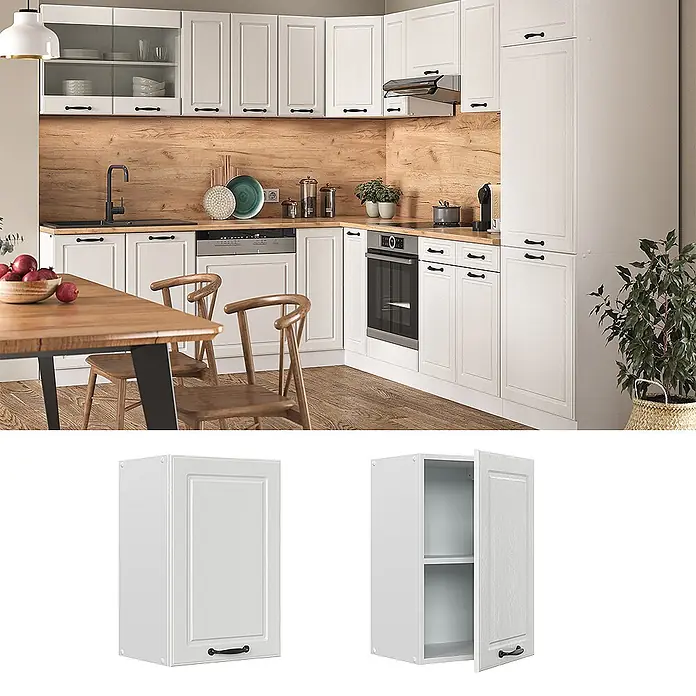 Vicco Schrankküche R-Line Weiß Landhaus - Weiß Landhaus, Hängeschrank 40 cm - Weiße Küchenschränke mit Rahmenfronten und schwarzen Griffen, integriert in eine moderne Küche mit Holzdetails.
