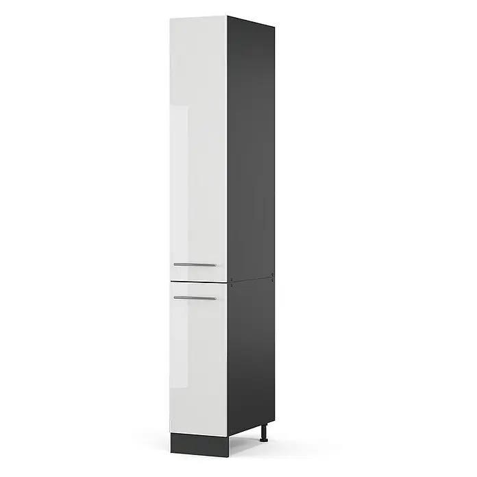 Vicco Schrankküche Fame-Line Weiß Hochglanz - Weiß Hochglanz, Apothekerhochschrank 30 cm - Hoher Schrank mit hochglänzenden weißen Türen und dunkelgrauem Korpus, zwei Fächer mit Griffen und verstellbaren Füßen.