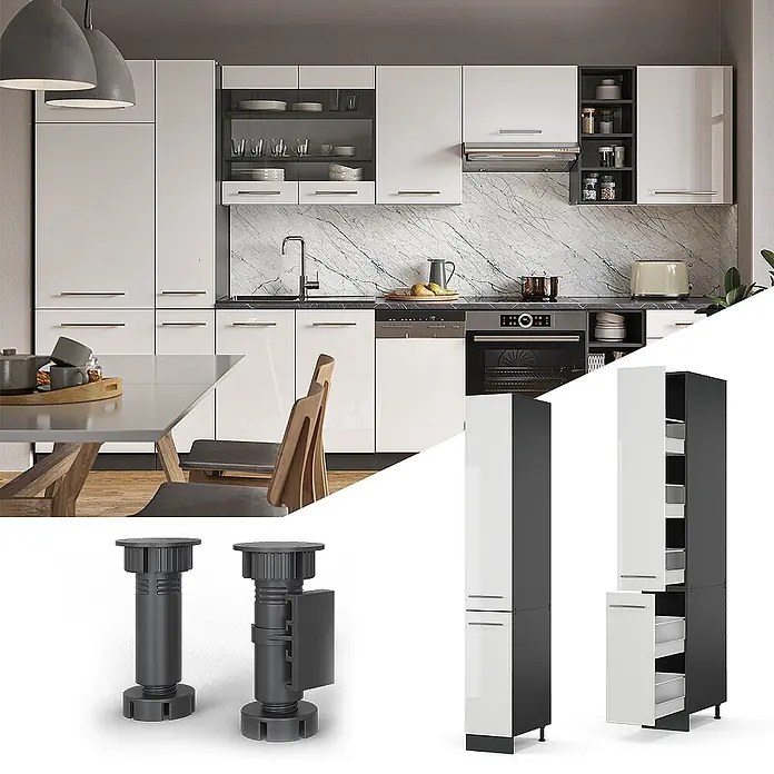 Vicco Schrankküche Fame-Line Weiß Hochglanz - Weiß Hochglanz, Apothekerhochschrank 30 cm - Moderne Küche mit weißen Hochglanzschränken. Komponenten: schwarze verstellbare Füße & hohe schwarz/weiße Vorratsschränke, teils mit Auszügen.
