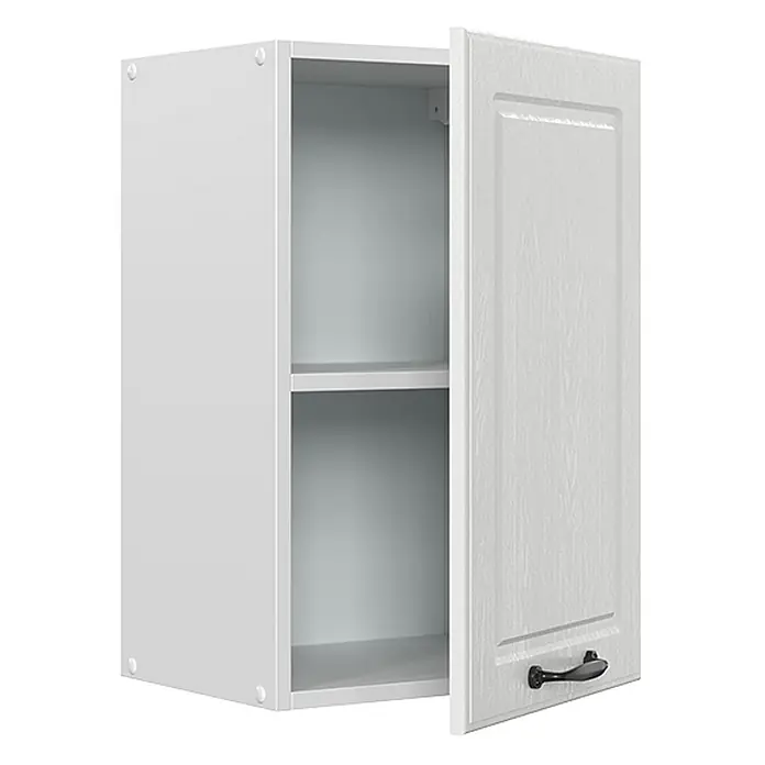 Vicco Schrankküche R-Line Weiß Landhaus - Weiß Landhaus, Hängeschrank 40 cm - Weißer Wandschrank mit offener, texturierter Tür, der ein Innenregal und einen schwarzen Griff zeigt.