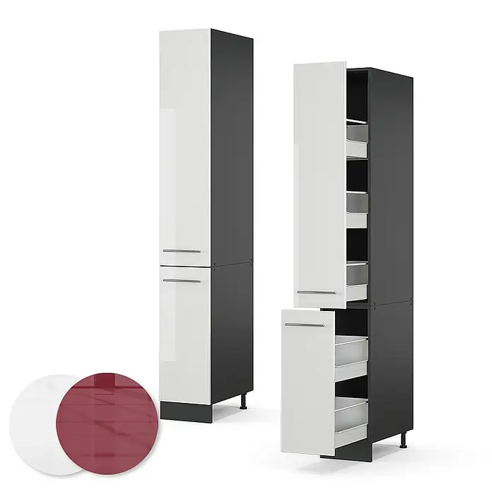 Vicco Schrankküche Fame-Line Weiß Hochglanz - Weiß Hochglanz, Apothekerhochschrank 30 cm - Zwei hohe Küchenschränke, einer geschlossen, einer offen mit Auszügen. Weiße Hochglanztüren, dunkelgrauer Korpus, silberne Griffe und Farbmuster.