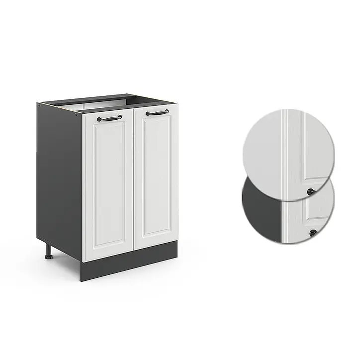 Vicco Schrankküche R-Line Weiß Landhaus, AP Anthrazit - Weiß Landhaus, Unterschrank 60 cm - Weißer Küchenunterschrank mit Kassettenfront, dunkelgrauem Korpus, schwarzen Griffen und Sockel. Inkl. Detailansichten der Tür.