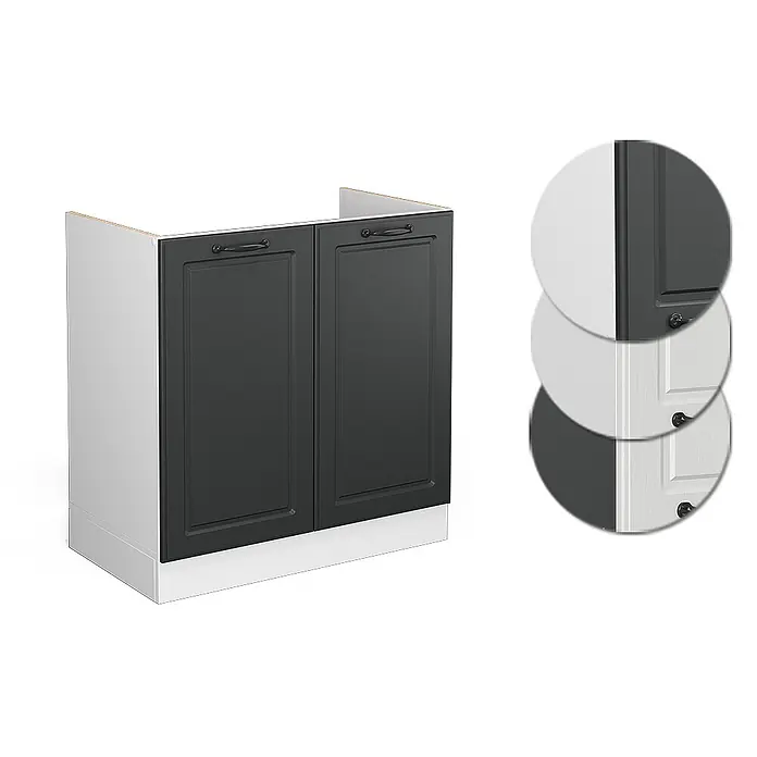 Vicco Schrankküche R-Line Anthrazit Landhaus ohne Arbeitsplatte - Breite: 80 cm, Anthrazit Landhaus, Spülenunterschrank 80 cm - Dunkelgrauer zweitüriger Küchenunterschrank mit weißem Sockel. Farbmuster zeigen weitere Oberflächen, u.a. hellgrau und weiße Holzmaserung.