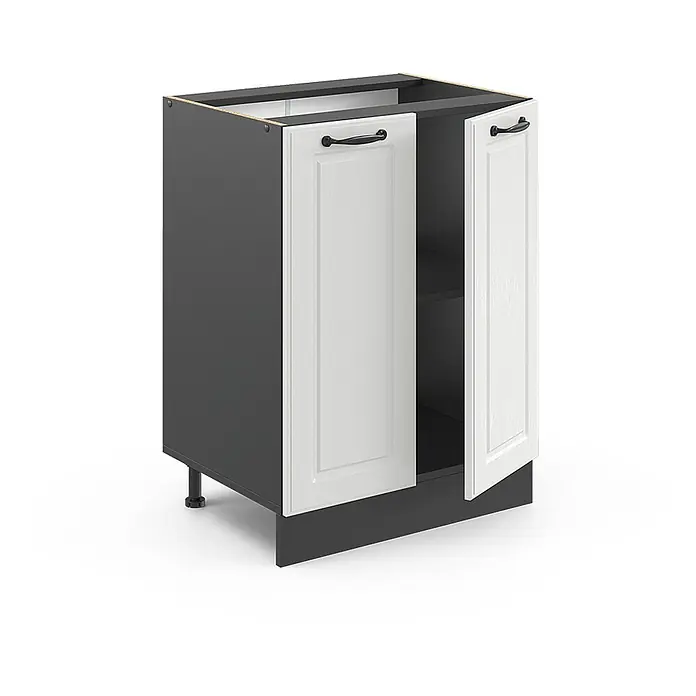 Vicco Schrankküche R-Line Weiß Landhaus, AP Anthrazit - Weiß Landhaus, Unterschrank 60 cm - Dunkelgrauer Küchenunterschrank mit weißen Kassettentüren und schwarzen Griffen. Eine Tür ist offen und zeigt ein Innenregal.