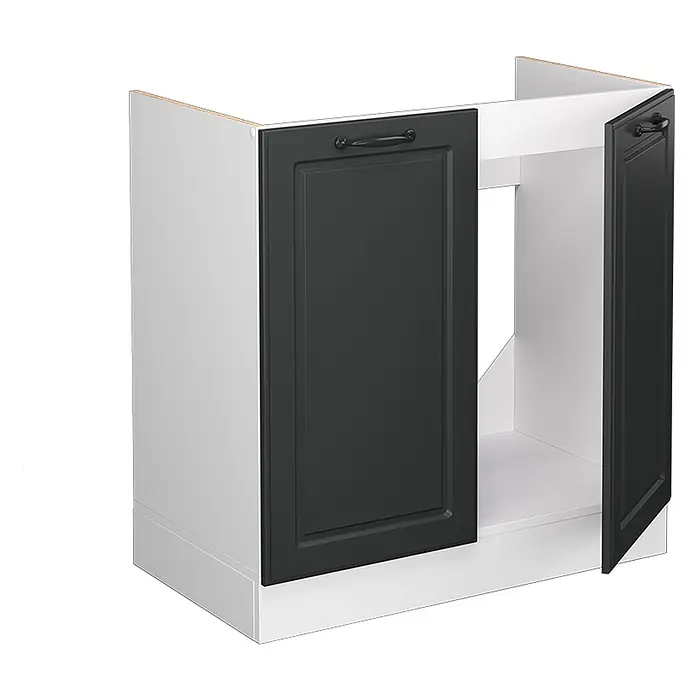 Vicco Schrankküche R-Line Anthrazit Landhaus ohne Arbeitsplatte - Breite: 80 cm, Anthrazit Landhaus, Spülenunterschrank 80 cm - Weißer Unterschrank mit dunkelgrauen Kassettentüren, eine offen, die den weißen Innenraum zeigt.