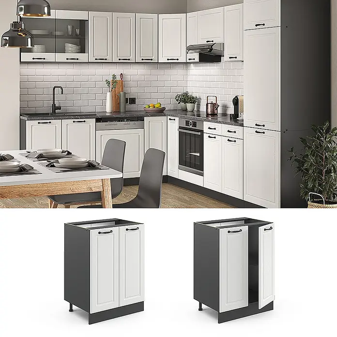 Vicco Schrankküche R-Line Weiß Landhaus, AP Anthrazit - Weiß Landhaus, Unterschrank 60 cm - Weiße Küchenschränke mit Paneeltüren, dunkelgrauem Korpus und schwarzen Griffen, in einer modernen Küche.