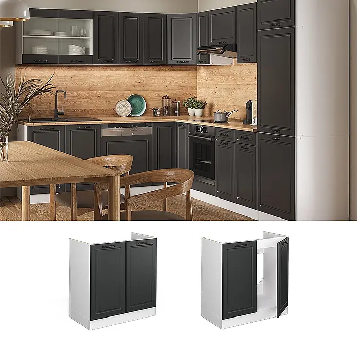 Vicco Schrankküche R-Line Anthrazit Landhaus ohne Arbeitsplatte - Breite: 80 cm, Anthrazit Landhaus, Spülenunterschrank 80 cm - Dunkelgraue klassische Küchenschränke mit Holz-Arbeitsplatte und -Rückwand, installiert in einer stilvollen, funktionalen Küche.