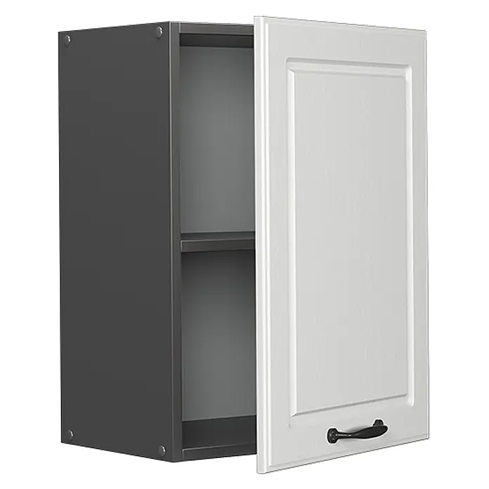 Vicco Schrankküche R-Line Weiß Landhaus - Weiß Landhaus, Hängeschrank 45 cm - Dunkelgrauer Hängeschrank mit leicht geöffneter weißer Shaker-Tür, schwarzem Griff und Innenregalen.