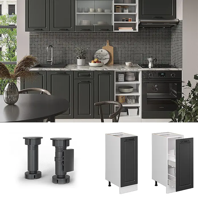 Vicco Schrankküche R-Line Anthrazit Landhaus AP Marmor - Anthrazit Landhaus, Apothekerunterschrank 30 cm, AP Marmor - Moderne Küche mit dunkelgrauen Schränken, weißer Arbeitsplatte und integriertem Ofen. Zeigt modulare Unterschränke und verstellbare Füße.