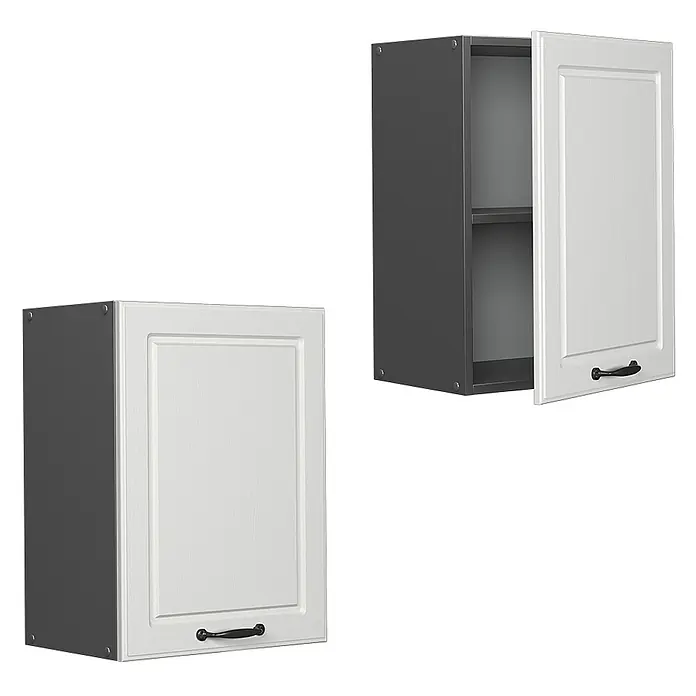 Vicco Schrankküche R-Line Weiß Landhaus - Weiß Landhaus, Hängeschrank 45 cm - Zwei Küchenhängeschränke: einer geschlossen, einer offen mit Regalböden. Dunkelgrauer Korpus, weiße Kassettentür, schwarzer Griff.