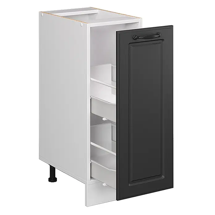 Vicco Schrankküche R-Line Anthrazit Landhaus AP Marmor - Anthrazit Landhaus, Apothekerunterschrank 30 cm, AP Marmor - Weißer Küchenunterschrank mit offener schwarzer Tür und ausziehbaren Aufbewahrungskörben.