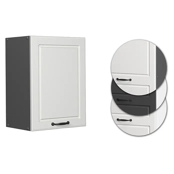 Vicco Schrankküche R-Line Weiß Landhaus - Weiß Landhaus, Hängeschrank 45 cm - Texturierter Küchenschrank mit weißer Tür, dunkelgrauem Korpus und schwarzem Griff. Dunkelgraue Tür-Option ebenfalls gezeigt.