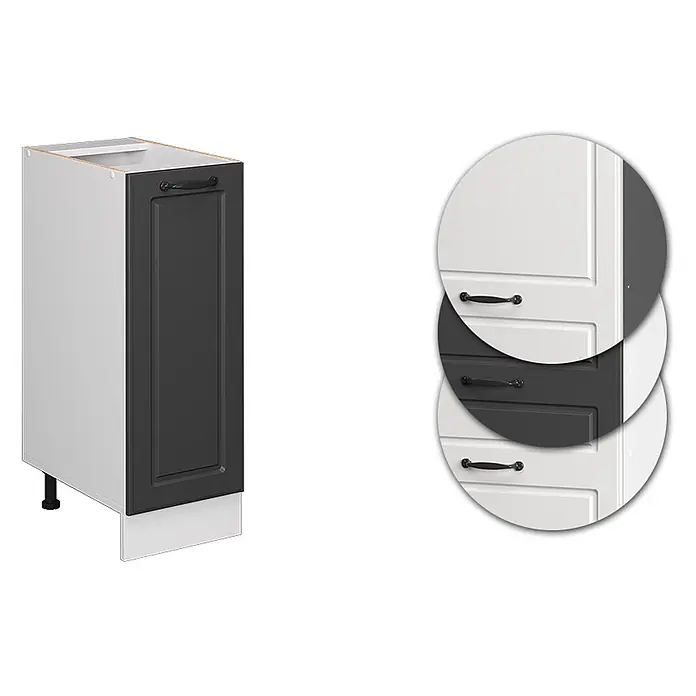 Vicco Schrankküche R-Line Anthrazit Landhaus AP Marmor - Anthrazit Landhaus, Apothekerunterschrank 30 cm, AP Marmor - Küchenunterschrank, hellgrauer Korpus, dunkelgraue Füllungstür mit schwarzem Griff. Zeigt Farboptionen.