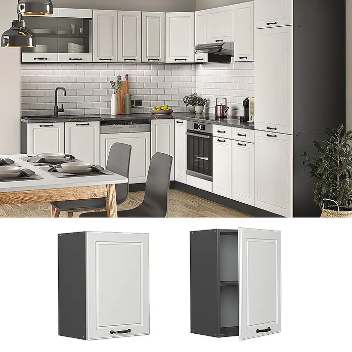 Vicco Schrankküche R-Line Weiß Landhaus - Weiß Landhaus, Hängeschrank 45 cm - Modernes Küchensystem mit weißen Schränken, dunkelgrauen Rahmen, schwarzen Griffen & Arbeitsplatte. Mit Ober-/Unterschränken, Backofen und Geräten.